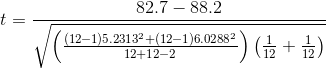 t=\frac{82.7-88.2}{\sqrt{\left ( \frac{(12-1)5.2313^2+(12-1)6.0288^2}{12+12-2} \right )\left ( \frac{1}{12}+\frac{1}{12} \right )}}