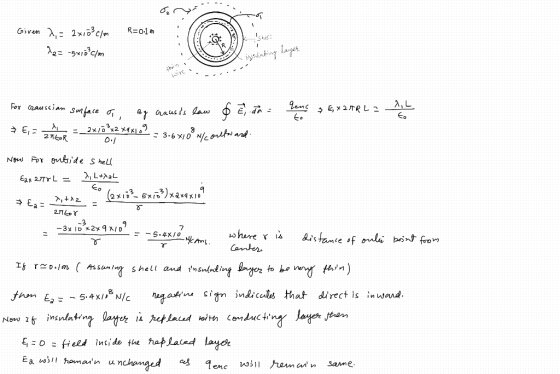 R=0.1m Given 2,- 2x102cm 12= -5*10% cm inculating layer gene » EX2TRL = 1, L For Grauscian surface of By Chausss law of Ean