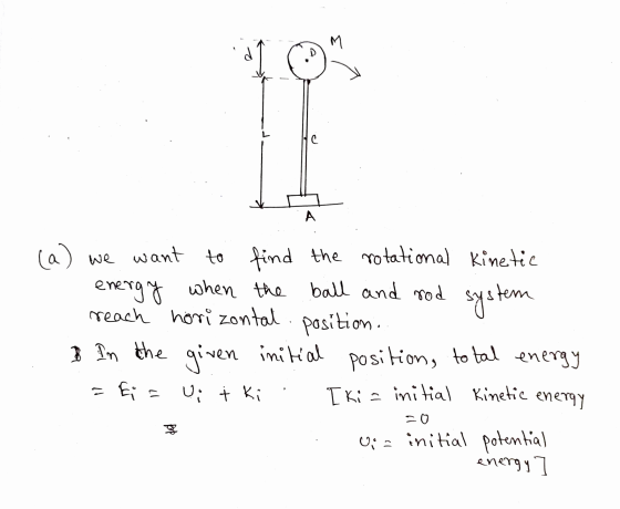 M с A (a) we B In the given want to find the rotational kinetic energy when the ball and rod system reach horizontal position