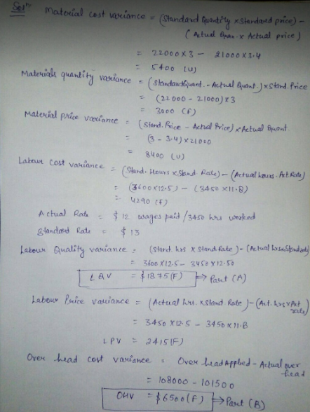 Material cast variance - (Standard Quantity Standard price) - (Actual Quan.x Actual price ) - 22000X3 - 21000 X 3.4 5400 tu M