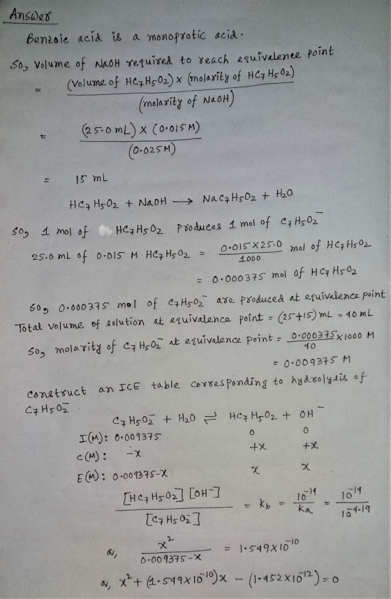 Answer Benzoic acid is a monoprotic acid. So, Volume of Naot required to reach equivalence point (volume of HC 7 H502) x (mol