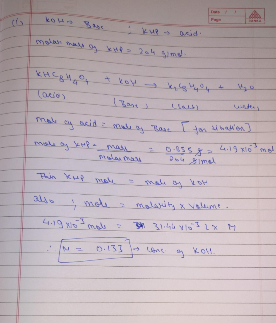 / Date RANKA Page koH- Base kHP acid Mular mas a kHR= 204 91me KHC&HOT (acio Base) wath Csaut) asid ma mal 04 Bare 4.19 x10 m