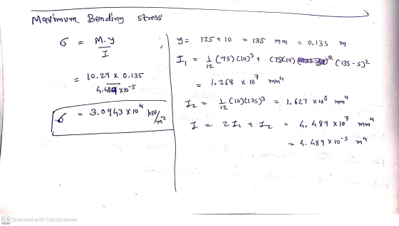Maximum Bending stress 6 z Moy 125 + 10 = 135 whe = 0.135 he I I I (75) C1003 + C18XC10) (235d 135 - 532 12 10.29 X 0.135 7 1