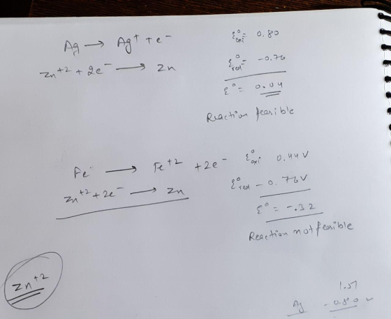 0.80 Ag → Agtte- Zn +2 +2e an E = -0.70 Reaction feasible fe zu +2 +2e ret2 +2e - Exi o.nuv an Eored - 0.760 € -.32 Reaction