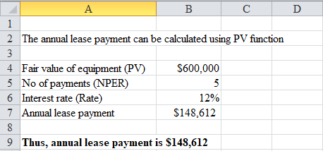 D A B с 1 2 The annual lease payment can be calculated using PV function 3 4 Fair value of equipment (PV) $600,000 5 No of pa