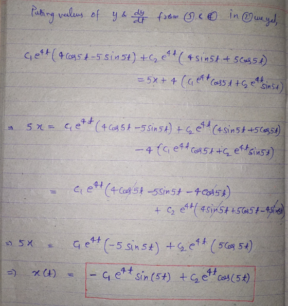 Putting values of y & dy from veo in we yet, Gett (& (095 + 5 sin5t) + Cett (& sinst + 56655+) 5x + 4 (Cett (ass + + Geld sin