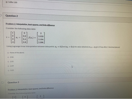 5.00x-1.00 Question 2 Problem 2: Interpolation, least squares, and finite difference Consider the following data table: 0 0.2