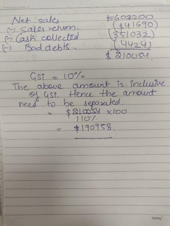 Net sales e sales chion. - Cash collected - Baddebts- 6602200 $41690) (351032) f4429) $ à jousy GST = 10% The above amount is