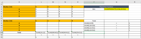 K L M N O Q R 1 1 2 3 2 Worker/Job 3 4 7 Objective Function =SUMPRODUCT(L3:06, 19:012) A 5 9 5 Min 4 B 3 8 4 4 5 С 5 8 4 6 D