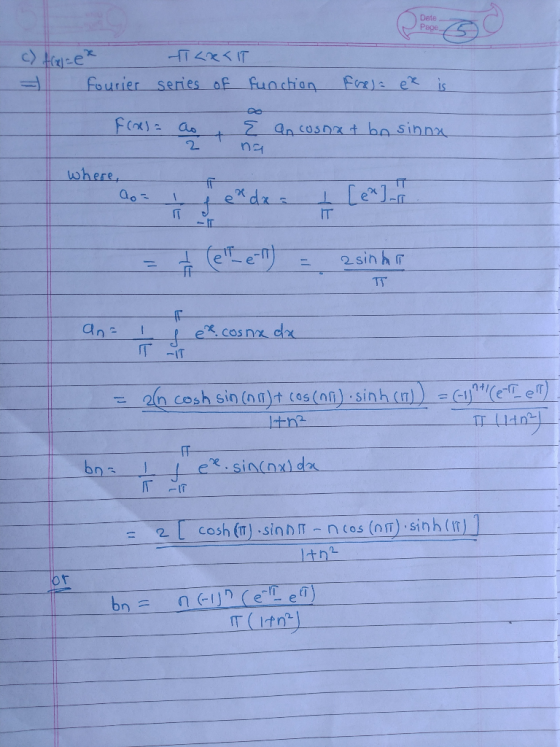Page Fourier series of funchon Frr) e IS 2. n더 where IT IT IT 2 [ cosh(n) sinnr-ncos (nn).sinh(n) or