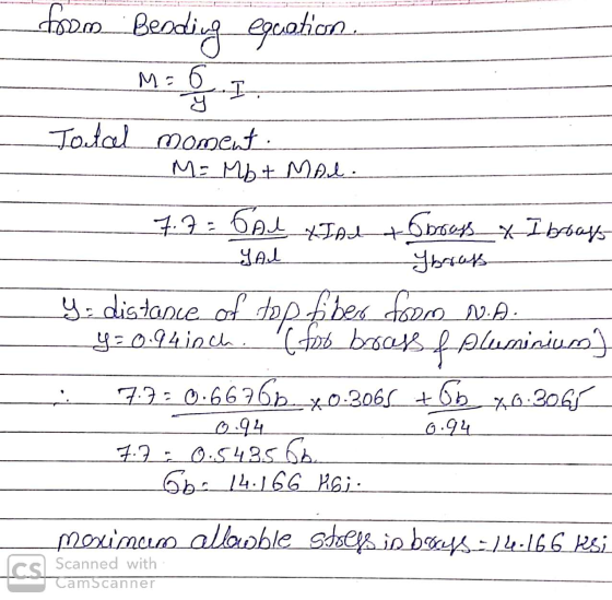 form: Beading epeation M: JI Total moment. M = Mb + MAL. YAL 7.7=CAl tips to booss x I boas Јbrow y distance of top fiber foo