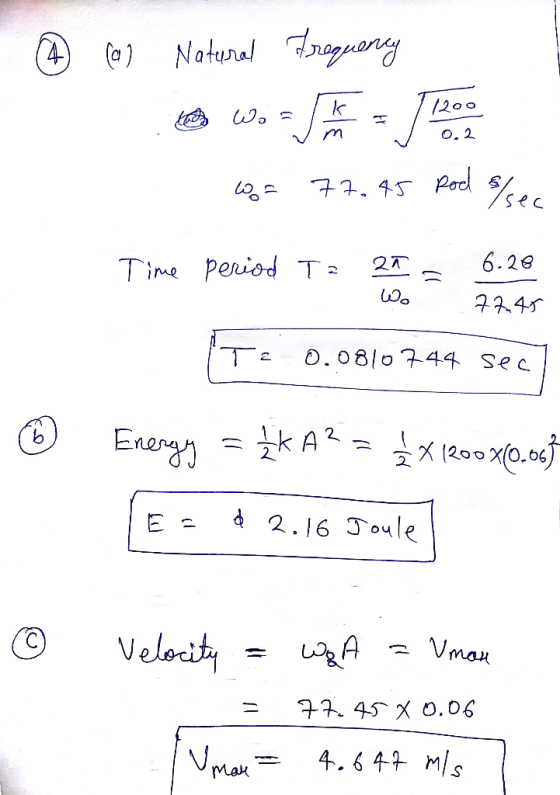 Nateral roey (4) O. 2 Pod 77.45 6.28 Time period T 2T O.08l0744 Sec kA 20o x0. Enorgy 2 d 2.16 Joule E 2 Velocity Vmau 7 45 0
