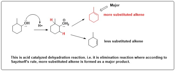 Major more substituted alkene ÖH OH2 H+ H less substituted alkene This is acid catalyzed dehyadration reaction. i.e. it is el