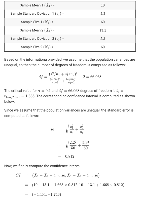 Sample Mean 1 (X1) = 10 Sample Standard Deviation 1 (si) - 2.2 Sample Size 1 (N1) = 50 Sample Mean 2 (X2) = 13.1 Sample Stand
