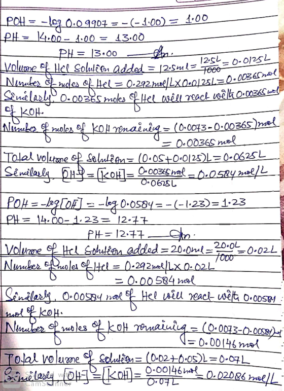 A zmol/LX0.01281=0.0036 nal 0.06251 L POH = -loq 0.0 9907 = -(-4:00) = 1:00 LPH = 14.07- .00 = 13.00 P H = 13:00 - Ann Volume