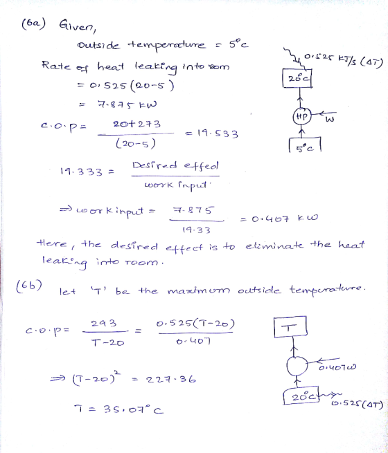 (6a) Given, 5C Outside temperture o2Ks (aT) Rate heat leaktnq into om 2oc =OS25 (2o-s) 7-8S w (нр W 20t 273 .OP - 19. 533 20-