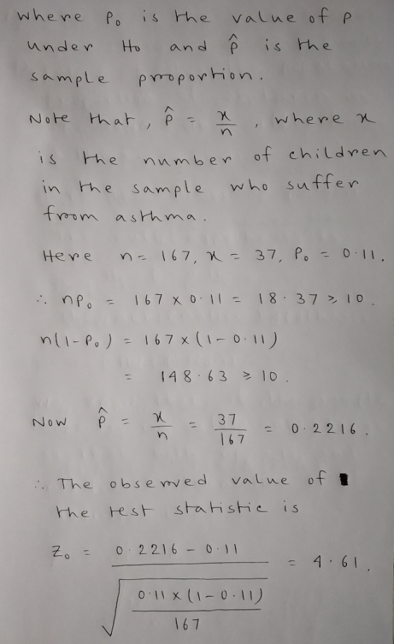 whene Pshe value of p unden Hu and p isine Smple where e numben of children Sample who suttev in he s oom asrhma np 167 x 8 3