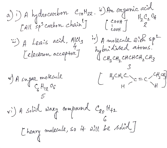 m CoolH J 1 a) ;) A hydrocarbon Colhar. ) An organic acid & HyC204 [All Spa carbon chains Got 2) A Lensis acid, All3 in) A