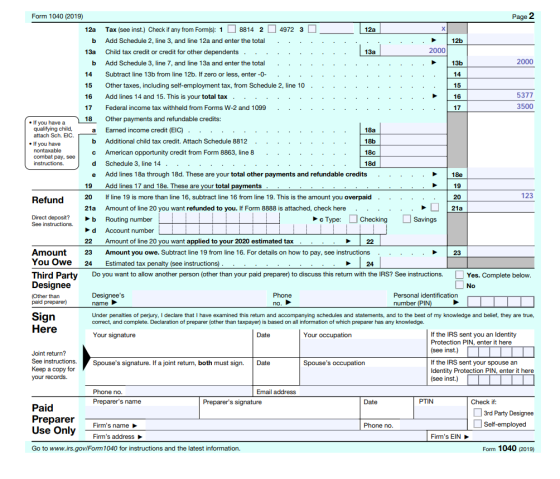 16 Savings Form 1040 (2019) Page 2 12a Tax (see inst.) Check if any from Form(s): 1 8814 2 4972 3 D 12a х b Add Schedule 2, l