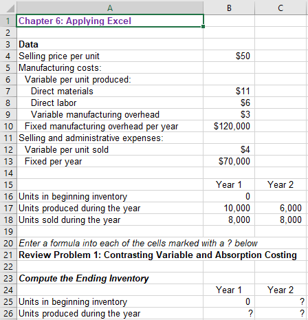 A 1 Chapter 6: Applying Excel 2 $50 $11 3 Data 4 Selling price per unit 5 Manufacturing costs: 6 Variable per unit produced: