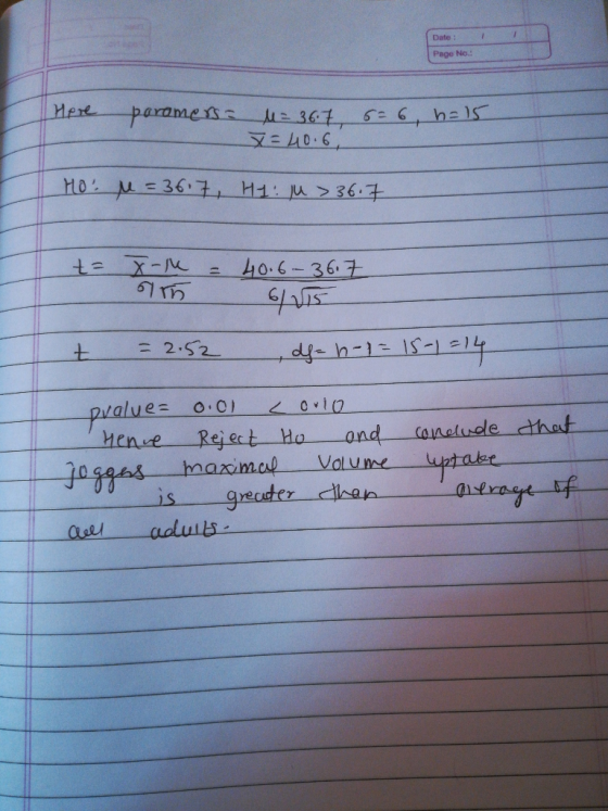 Date: 1 Page No.: Here paramers= M = 36.7 x=40.6 6=6 h=15 Hot M = 36.7, H1: ju > 36.7 t= x 4 67 = 40.6-36.7 - Us = 2.52 h-1-