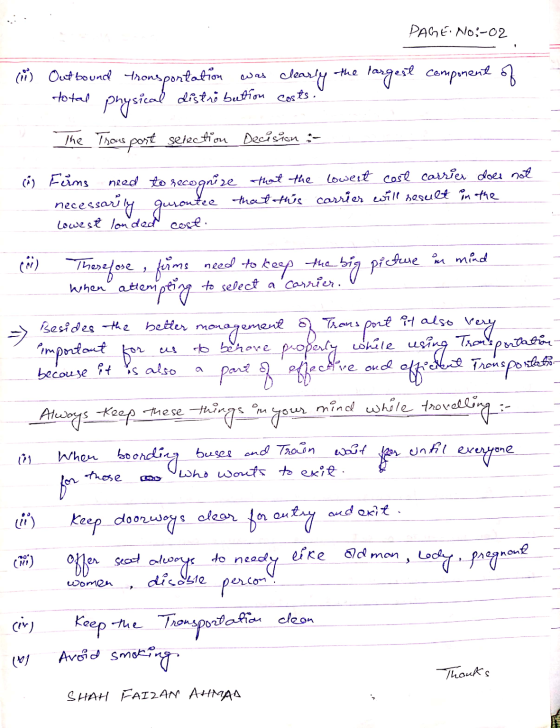PAGE NO:-02 (1) Outbound Ironsportation was clearly the largest component of total physical distribution costs. The Transport
