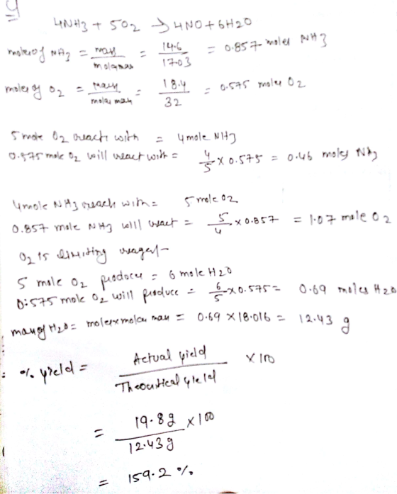 4NH3 + 502 3400 + 6H20 moter of Az = mass = 14.6 - 0.857 mole NH3 - 0.575 moly O2 moles of O₂ 0 2 = teach : Toliau masina 32