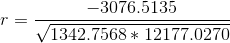 r=\frac{-3076.5135}{\sqrt{1342.7568*12177.0270}}