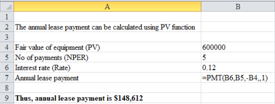 B A 1 2 The annual lease payment can be calculated using PV function 3 4 Fair value of equipment (PV) 5 No of payments (NPER)