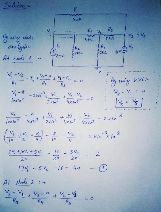 Solution :- Ri www loks V R3 R5 Vy by wring Node wwww 8k5h V = Vs ЧkЯ Is {R2 analysis: At node 1 © 32k92 32KL SV☺ ☺ 2mA YVS u