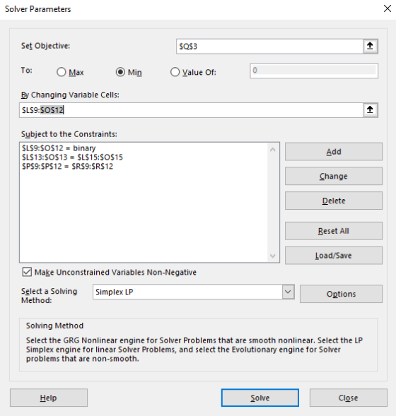 Solver Parameters Set Objective: SOS3 To: o Max Min O Value of: 0 By Changing Variable Cells: SL59:505121 Subject to the Cons