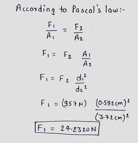According to Pascals law:- Fi Ai F2 Az F = F2 А) Az F = F2 2 0,2 da? Fi = (957N) (0.592cm)? (3.72em)? Fi = 24.2320N