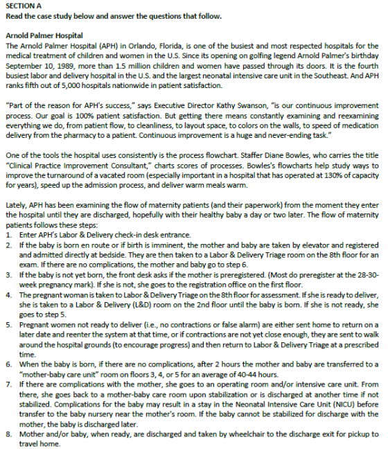 SECTION A Read the case study below and answer the questions that follow. Arnold Palmer Hospital The Arnold Palmer Hospital (