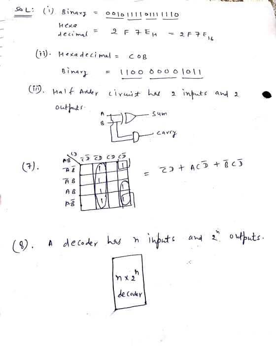 Soli U. Binary = 001011101111110 Hexa decimal = 2 F7 EH = 2F7E. (ii). Hexadecimal = COB B Binary = 11oooooololl (17). Half Ad