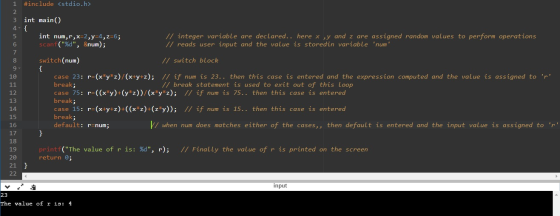 { { 1 #include <stdio.h> 2 3 int main() 4 5 int num,r,x=2, y=4,2=6; // integer variable are declared.. here x ,y and z are as