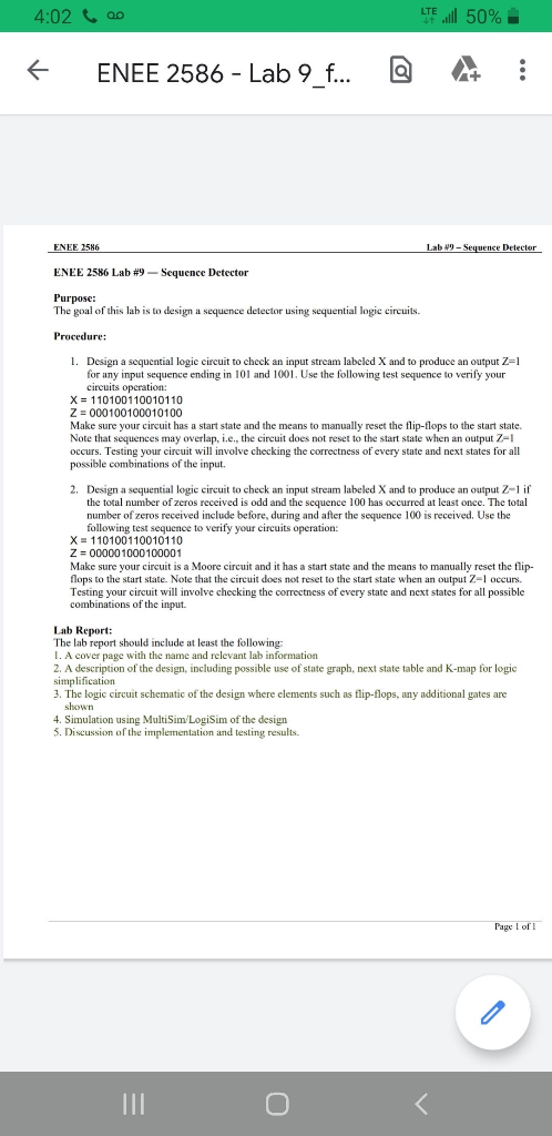 4:02 00 LTE il 50% + ENEE 2586 - Lab 9_f... @ + : ENEF 356 Lab -Sequence Detector ENEE 2586 Lab #9 - Sequence Detector Purpos