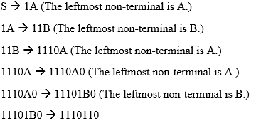 S-) IA (The leftmost non-terminal is A.) IA → 1 1 B (The leftmost non-terminal is B.) 11B → 1 1 10A (The leftmost non-termina