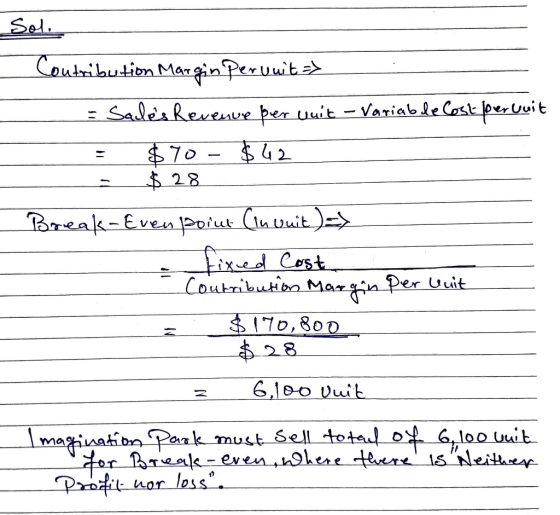 Sol. Contribution Margin perunit => -- - Sadles Revenue per cuit - Variable cost per vuit = $70 - $42 a $ 28 Break - Even Po