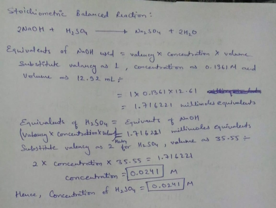 ALTERA Stoichiometric Balanced Reaction : 2NaOH + H₂ Sou & Nag sou + 2H₂O Equivalents of NaOH used & valency & Concentration