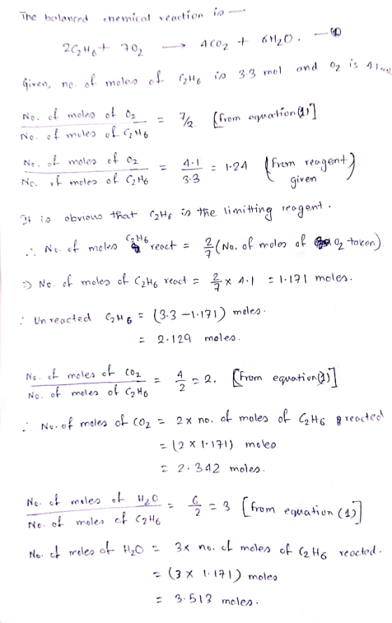 The bolanced ehemicat veaction fa --- 6H20 2602 4 Co2 ond 3.3 mo omolea f Given, no (Fren owation No. f meles olGH6 Ne moler