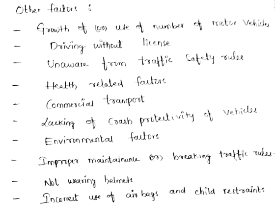Other facture : - Growth of on use of number of rretor Vehicles - Driving without license - Unaware from traffic Cafety rules