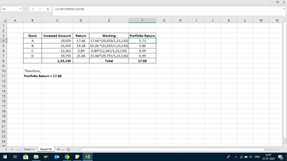 F4 =17.66*(39959/123130) A B C D E F G H I K L M N A Stock А Invested Amount 39,959 31,055 12,361 39,755 1,23,130 Return 17.6