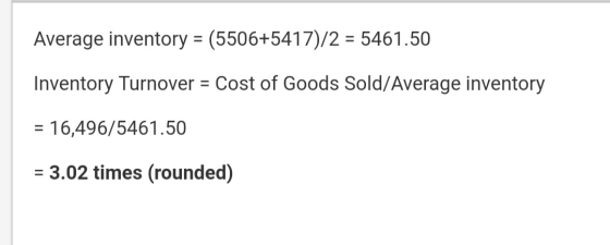 Average inventory (5506+5417)/2 = 5461.50 Inventory Turnover = Cost of Goods Sold/Average inventory 16,496/5461.50 3.02 times