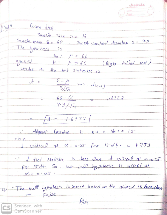classmate asoen Given that Sample Standard deviatim sa 4.9 Sample size 16 Sample moun n = 68 The hypothesis is Hoi 66 against