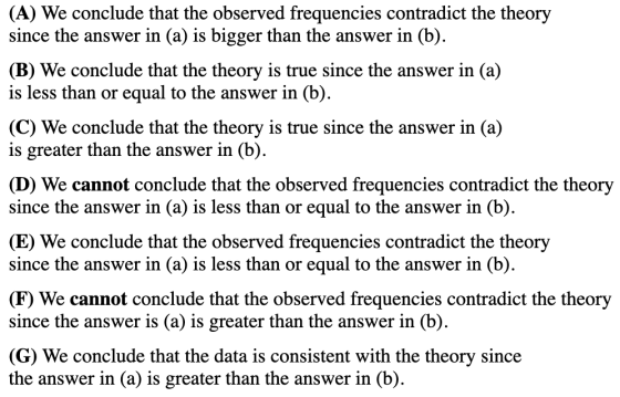 (A) We conclude that the observed frequencies contradict the theory since the answer in (a) is bigger than the answer in (b).