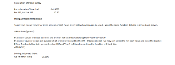 Calculation of Initial Outlay Per mile rate of Guardrail For 113, 0.419 X 113 0.419000 47.35 Using Spreadsheet Function To ar