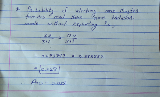 * Probability of females and male without selecting one Master then one bacheloa replacing is; 23 312 120 311 = 0,073717 X 0.