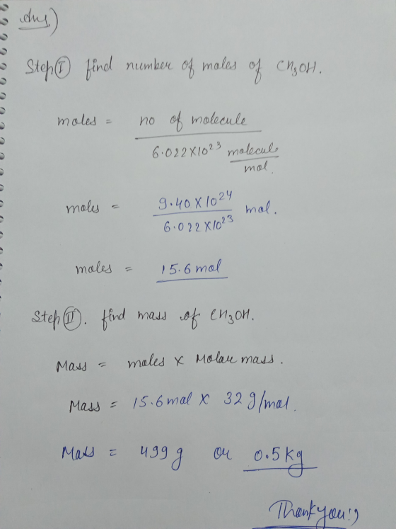 2222 Step find number of moles of Chyor. moles - no of molecule 6.02281023 molecule anna mol, moles = 9.40X1024 6.02281023 mo