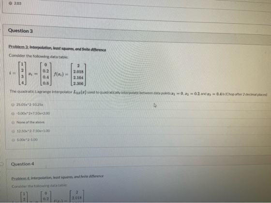 2.03 Question 3 Problem 3: Interpolation, least squares, and finite difference Consider the following data table: 0 2 0.2 0.4