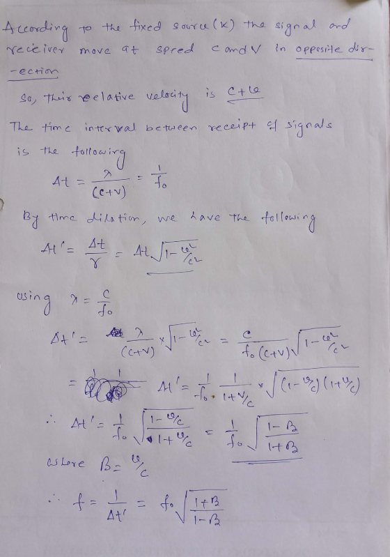 According to the fixed source (x) the signal and candy in opposite dir- receiver move at -ection is Ctle so, their relative v